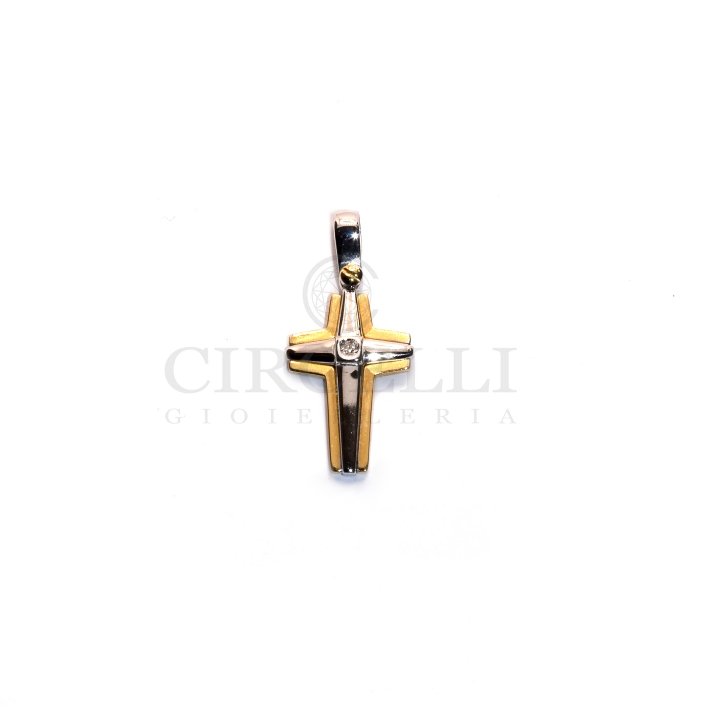 Croce bicolore con diamante oro 18k