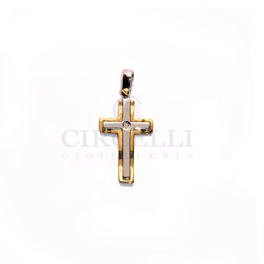 Croce bicolore con diamante oro 18k