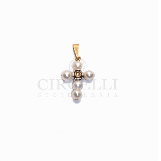 Croce perle con diamante oro 18k