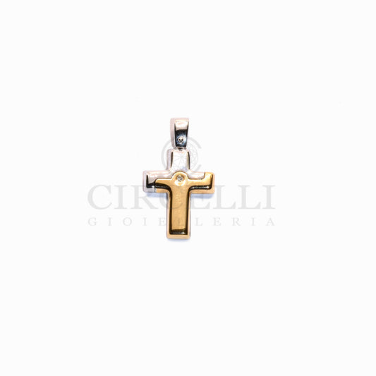 Croce bicolore con diamante oro 18k